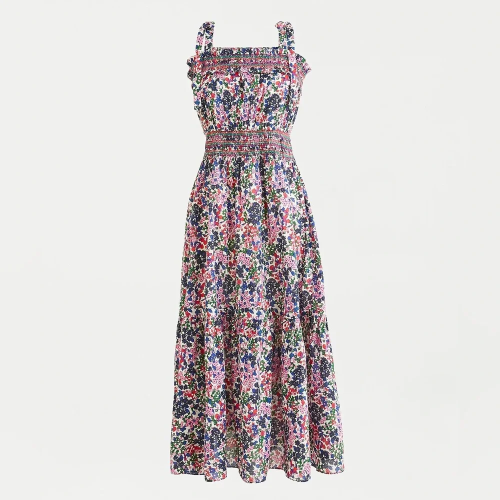 J. Crew || Smocked Dress In Watermark Floral Print Tie Shoulder Midi Medium_10